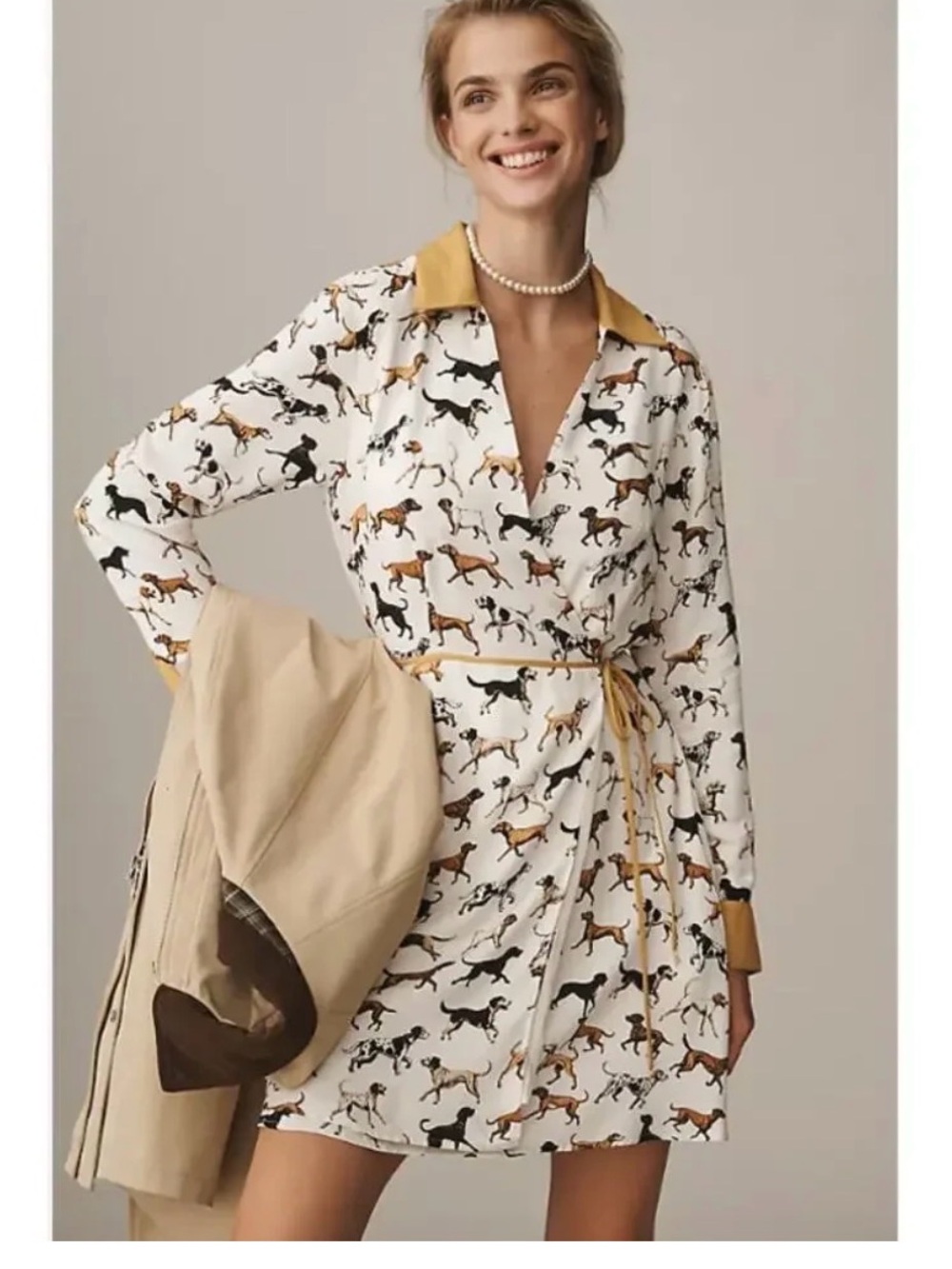 Maeve White Dog-Print Wrap Dress with Mustard Trim